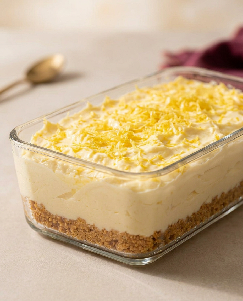 High protein lemon cheesecake met koekbodem en citroenrasp in een glazen bakje